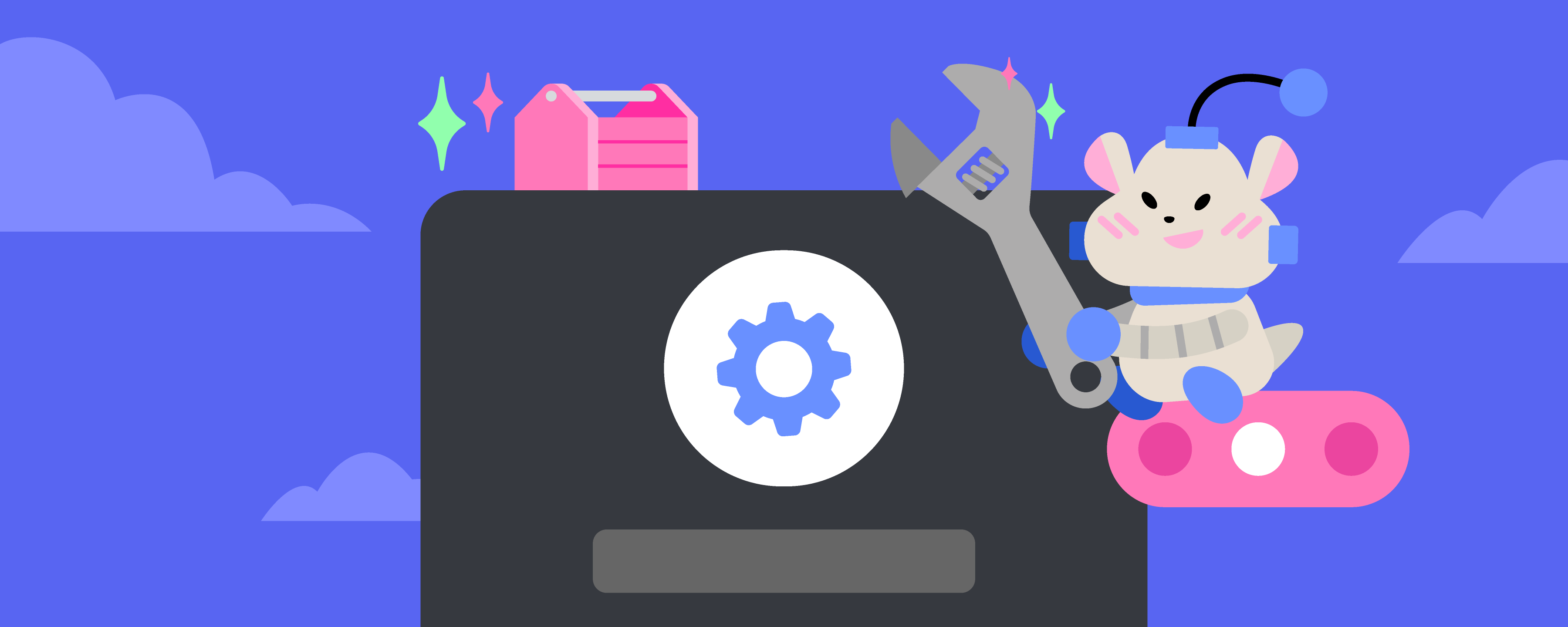 Nelly, a robot hamster, taking a wrench to a device, representing an engineer fixing up Discord! 